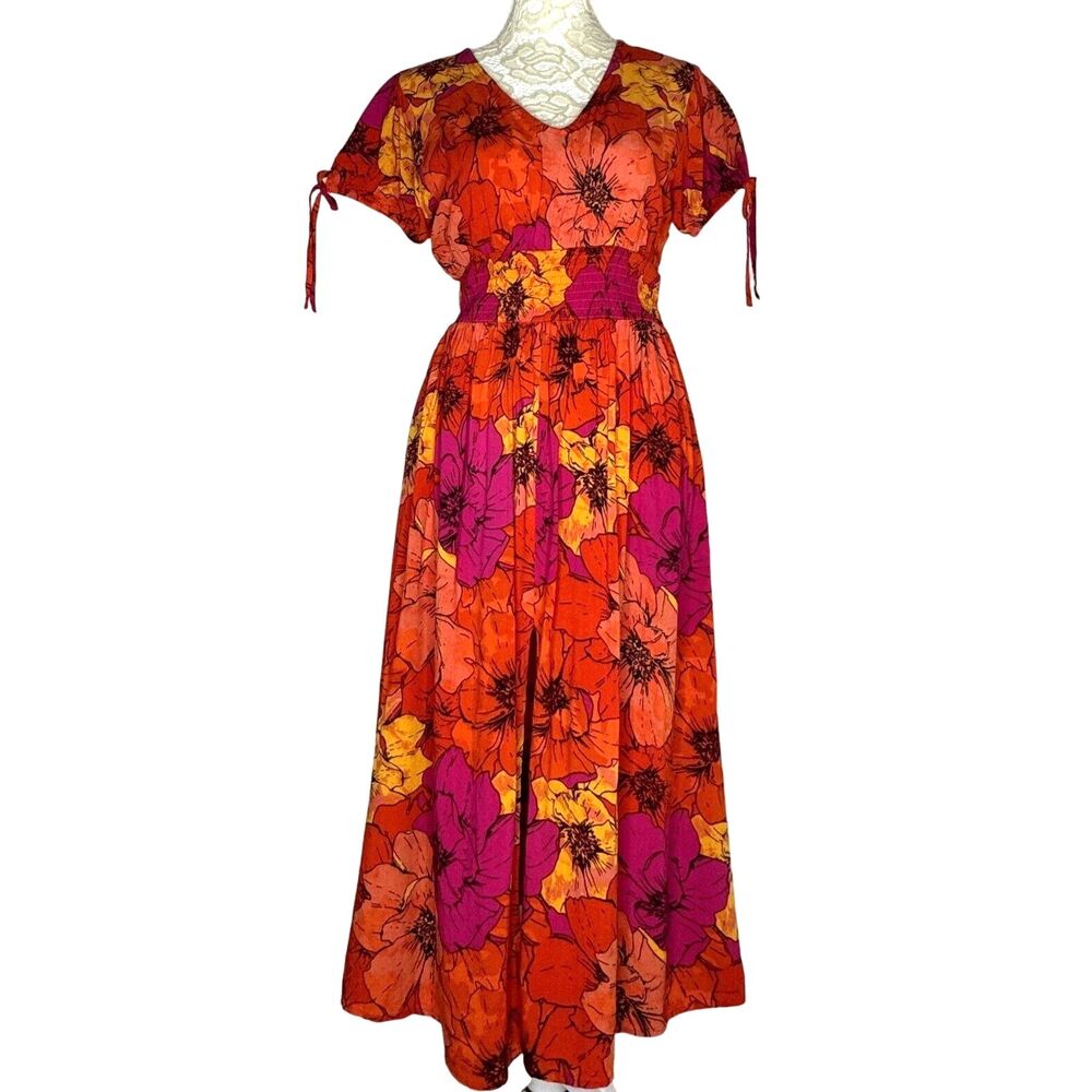 Violet Skies Midi Dress Smocked Slit Floral Orange S